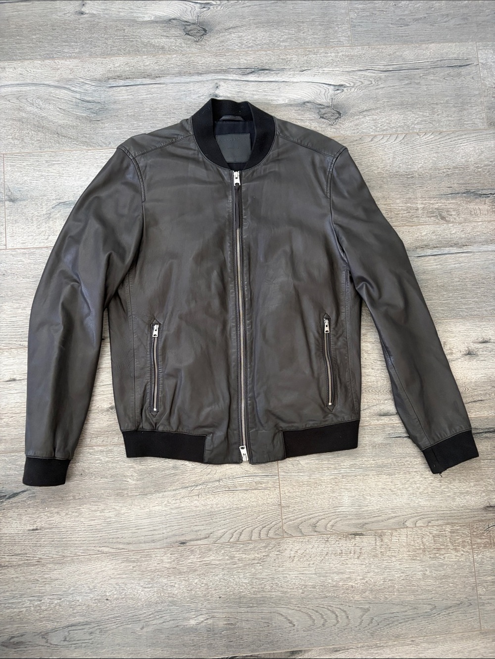 All Saints Men's Black Leather Bomber Jacket - Classic Zip Front Medium M